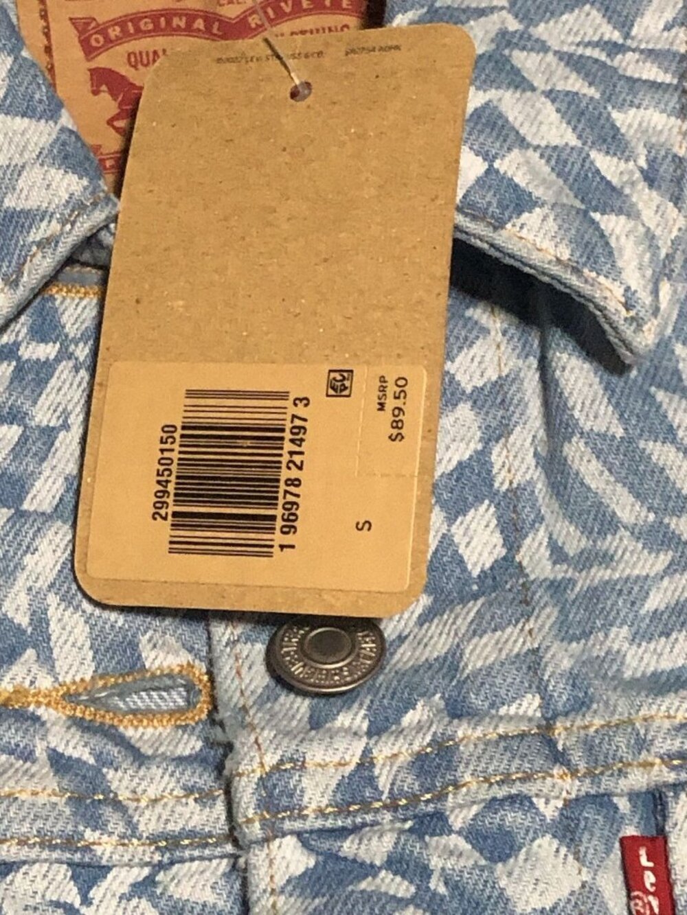 Levi's Blue Original Trucker Jacket Patterned Denim Jacket. Size Small. White - Picture 3 of 7